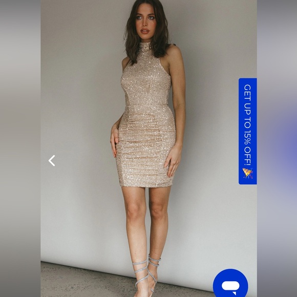 Selfie Leslie keyhole backless halter mini dress in champagne sequin - Picture 3 of 6